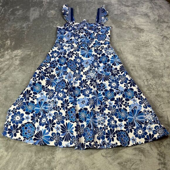 Tahari ASL Dress Womens 8 Blue‎ Floral A-Line Fit & Flare Ruffle Detail Lined - Picture 1 of 12